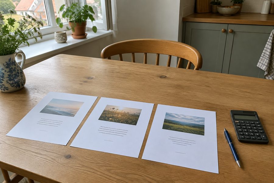 Køkkenbord med tre tilbudsark side om side, en lommeregner og en pen